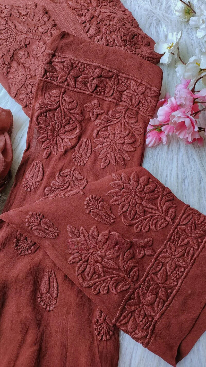 Chocolate Viscose Georgette Chikankari Kurta & Pant With Dupatta Set