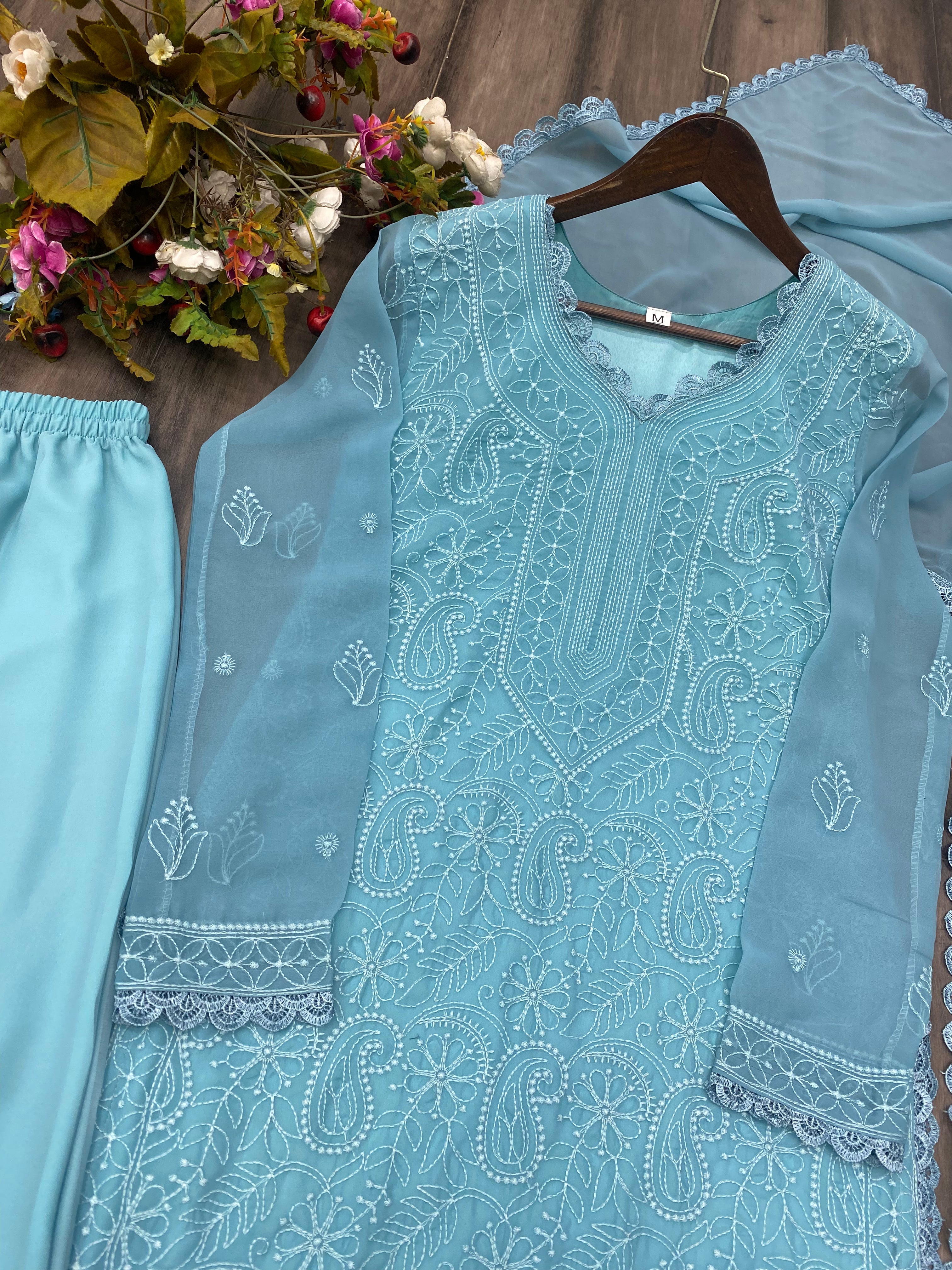 Teal Green New Trend Chikankari special Ethnic Set