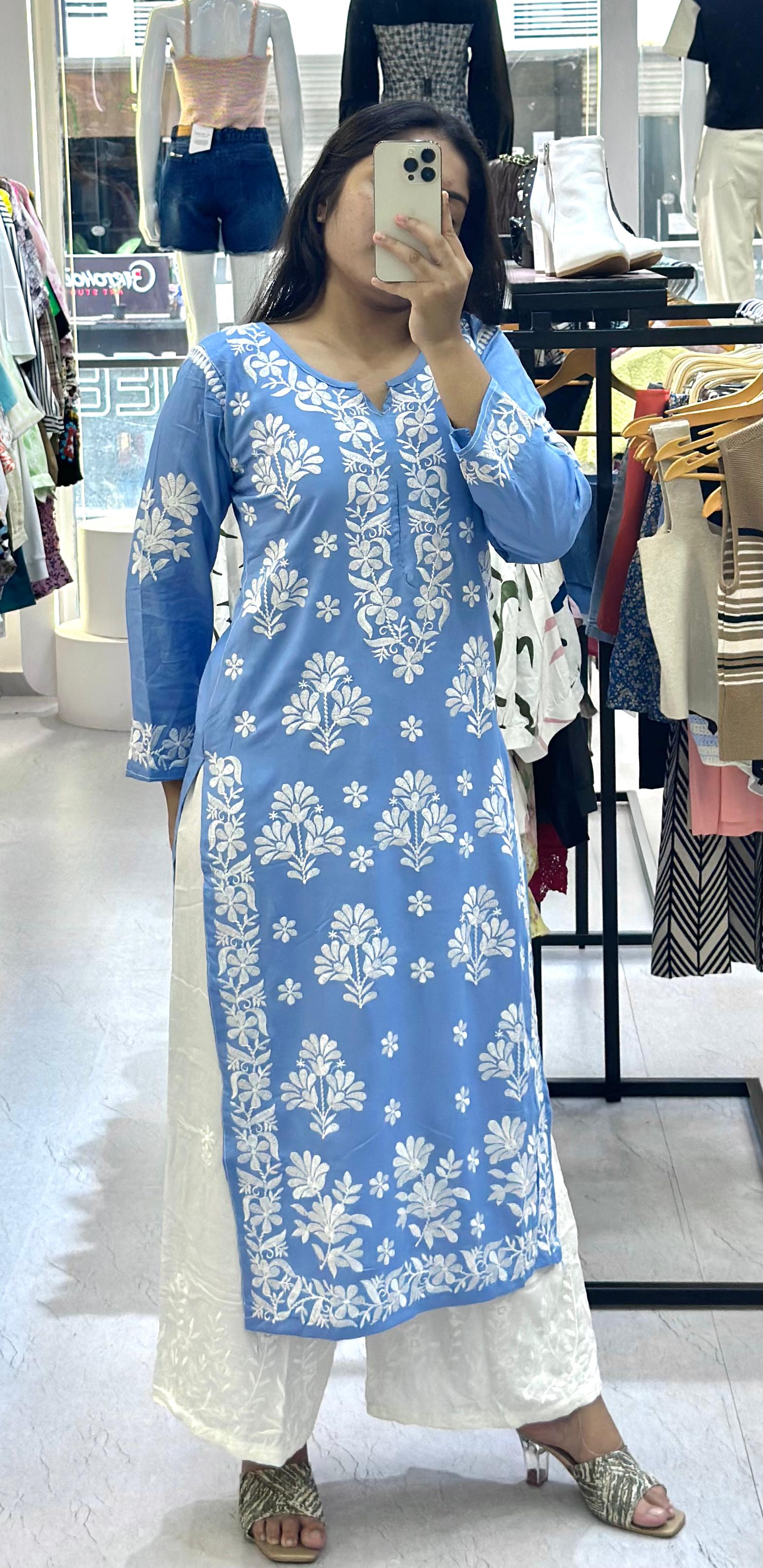 Blue Designer Chikankari Kurta With Pant Set