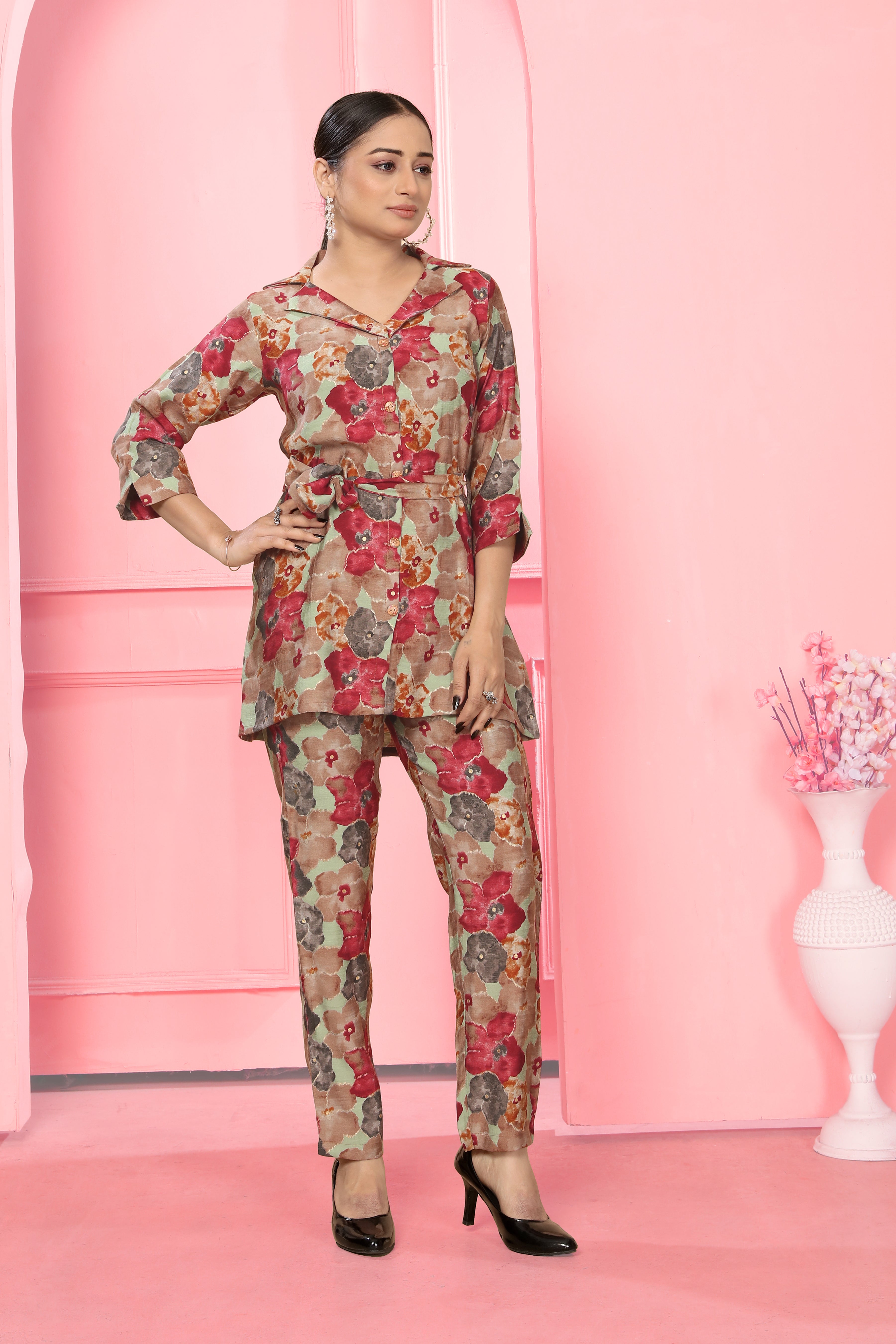 Red Attractive Flower Print Co-Ord Set