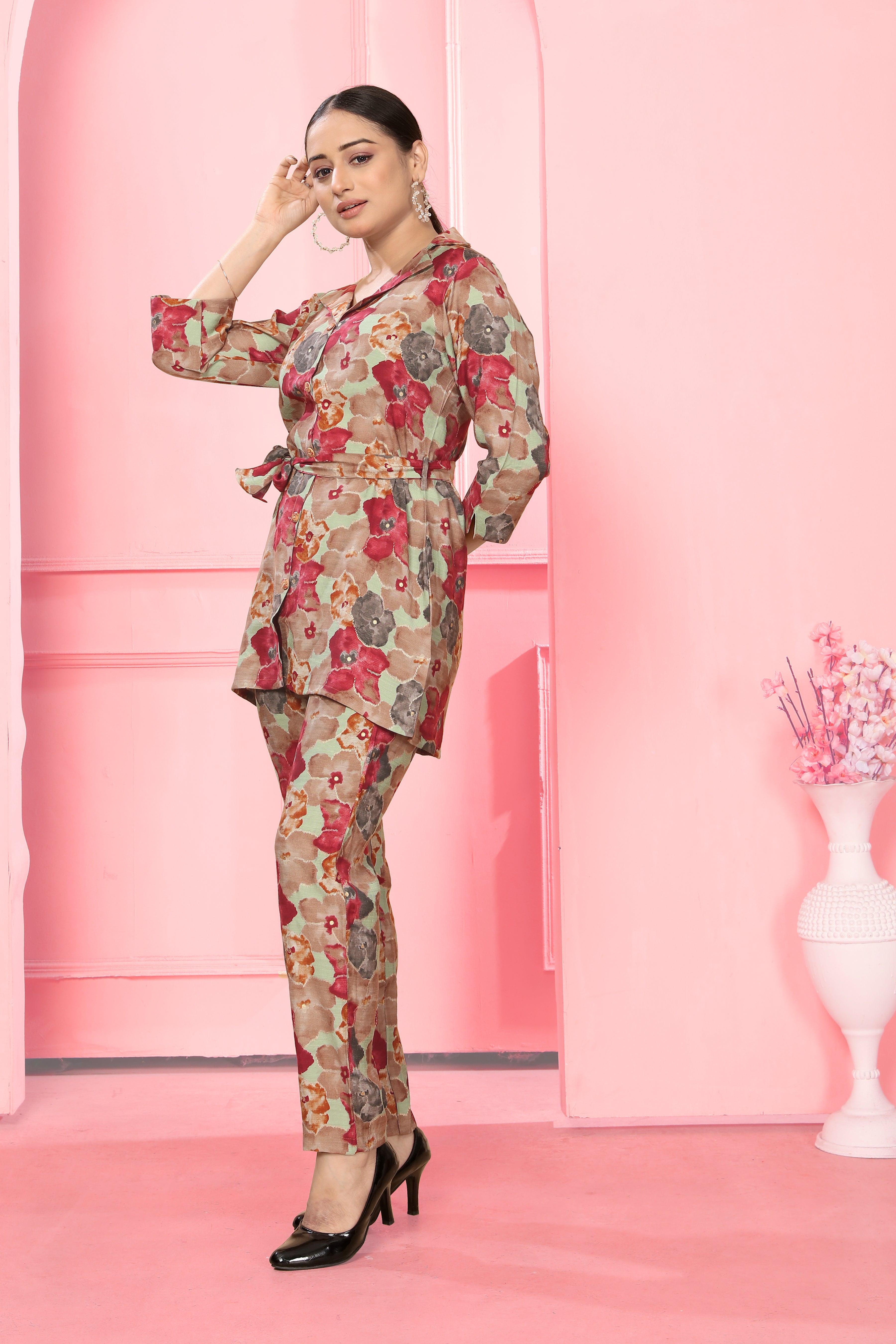 Red Attractive Flower Print Co-Ord Set