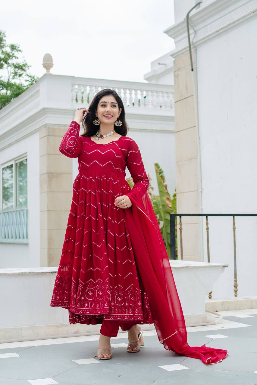 Red Designer Anarkali Suit Set-3 Piece Set