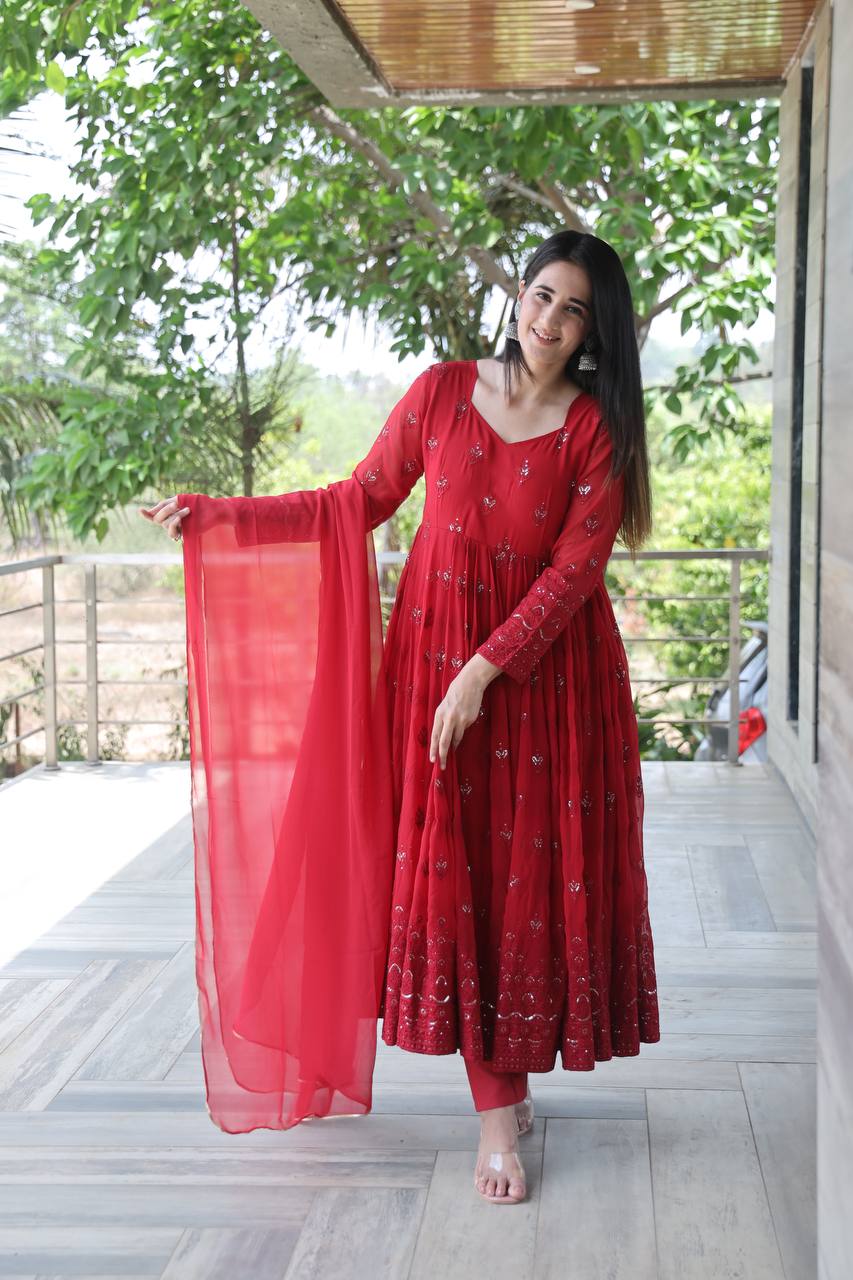 Red  Anarkali Suit Set