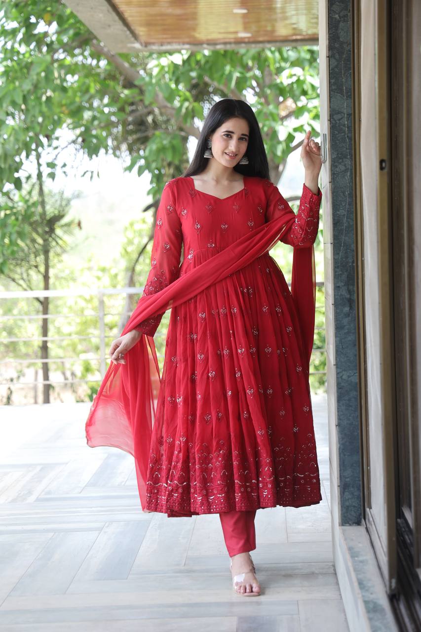 Red  Anarkali Suit Set